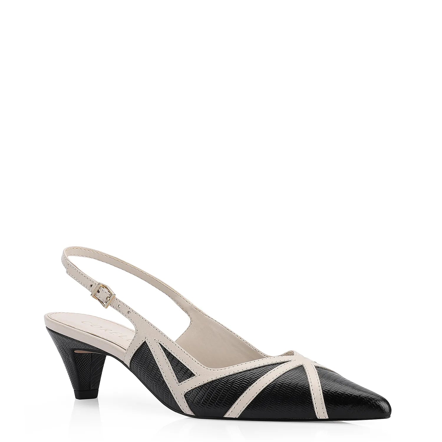 Scarpin Couro Lezard Preto/Couro Off White