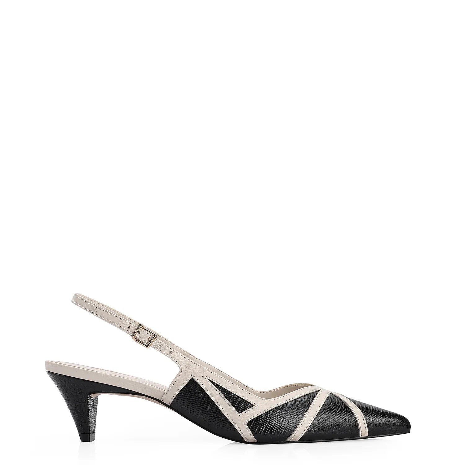 Scarpin Couro Lezard Preto/Couro Off White