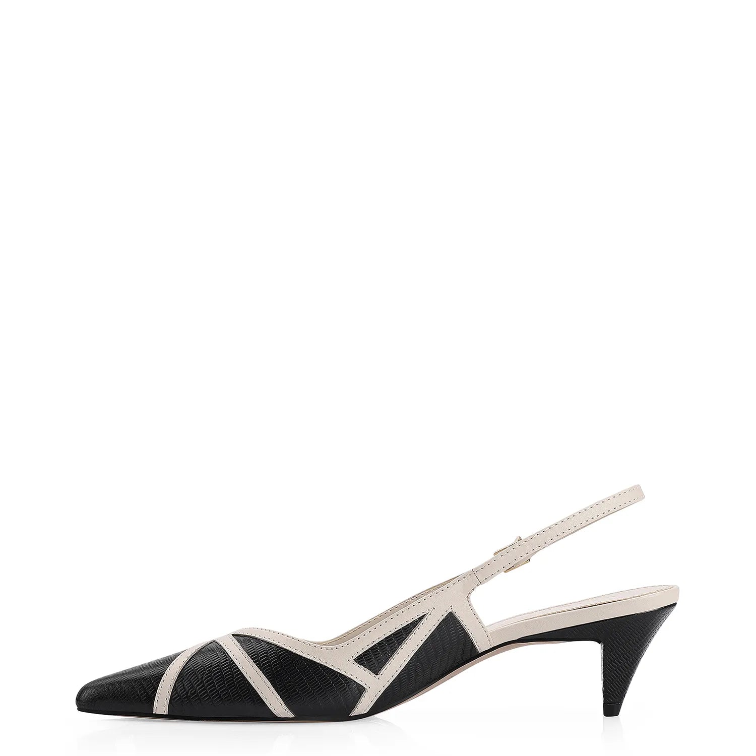 Scarpin Couro Lezard Preto/Couro Off White