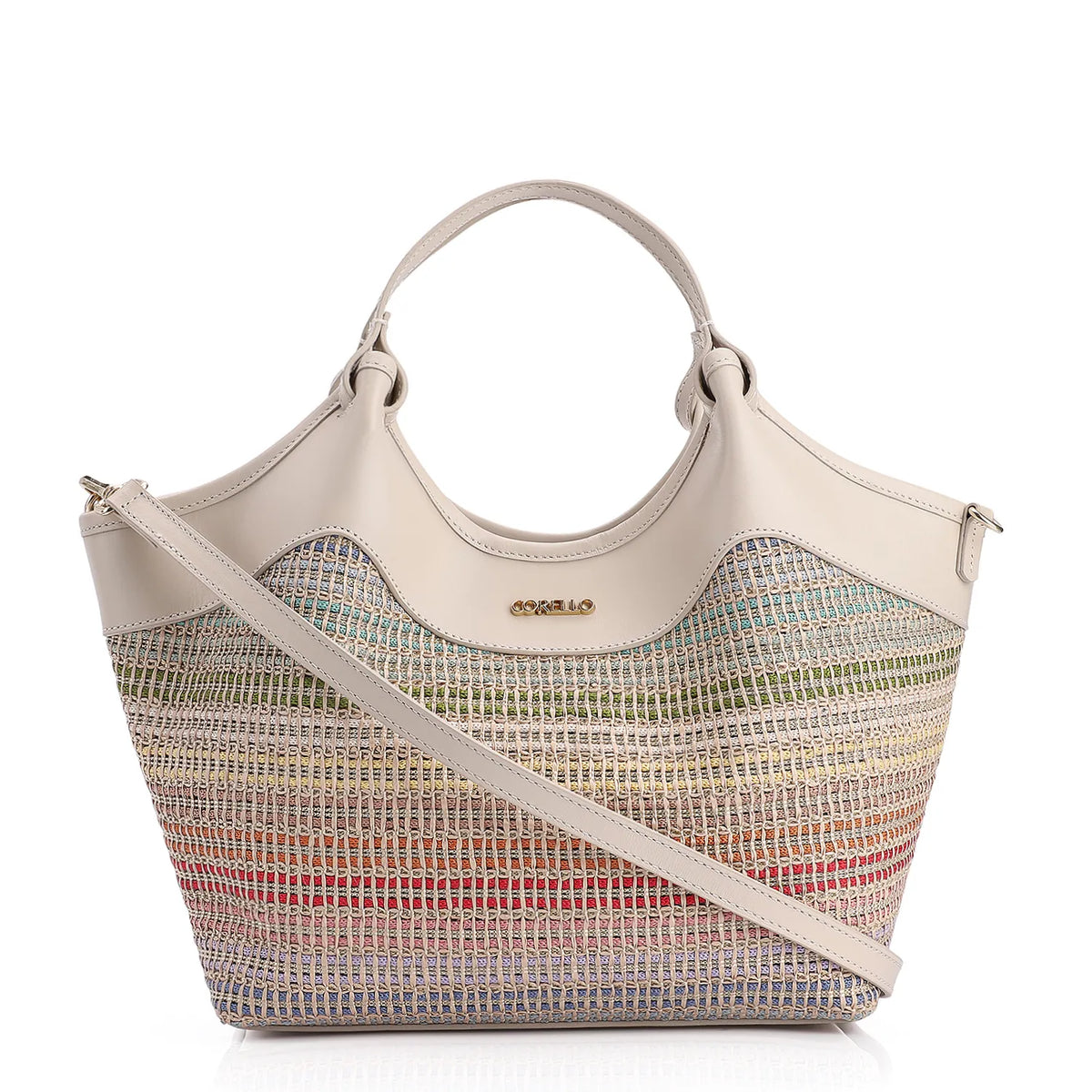 Bolsa Tote Couro Off White/Ráfia Colorida