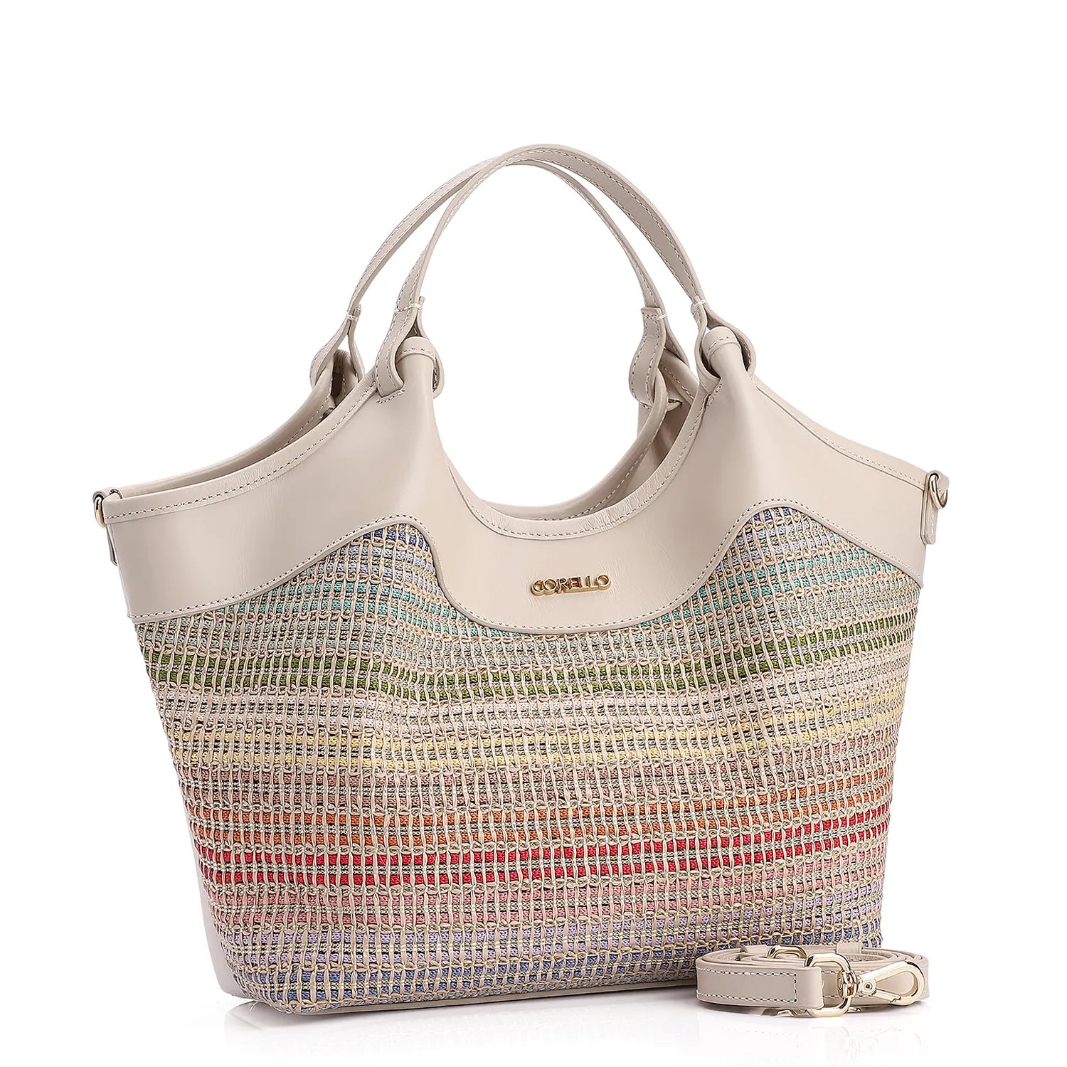 Bolsa Tote Couro Off White/Ráfia Colorida