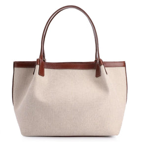 Bolsa Tote Tressê Couro Marrom/Linho Off White