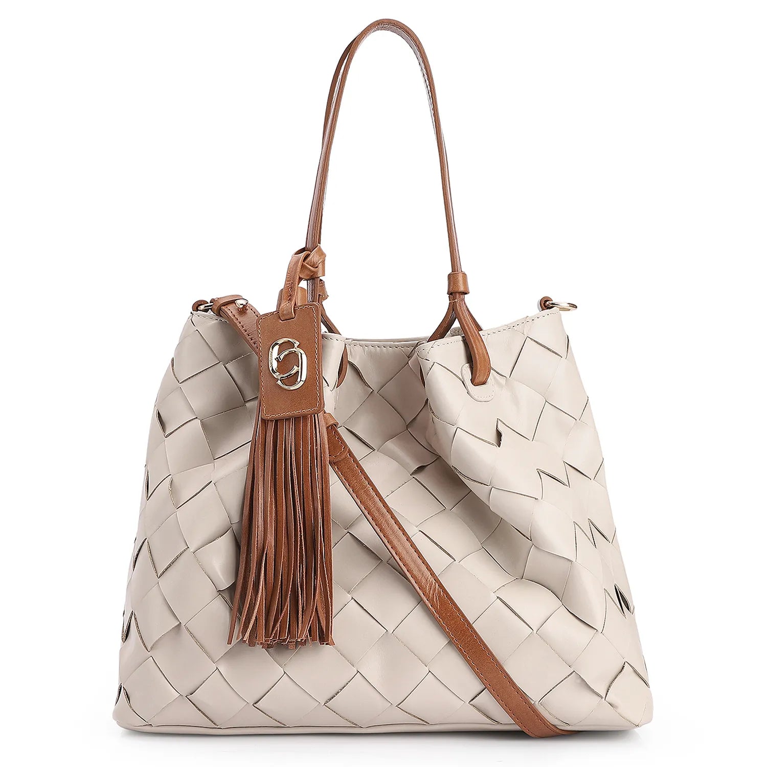 Bolsa Tote Tressê Couro Off White/Marrom