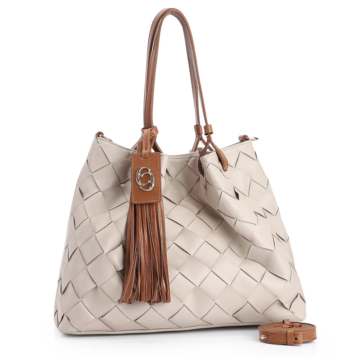 Bolsa Tote Tressê Couro Off White/Marrom