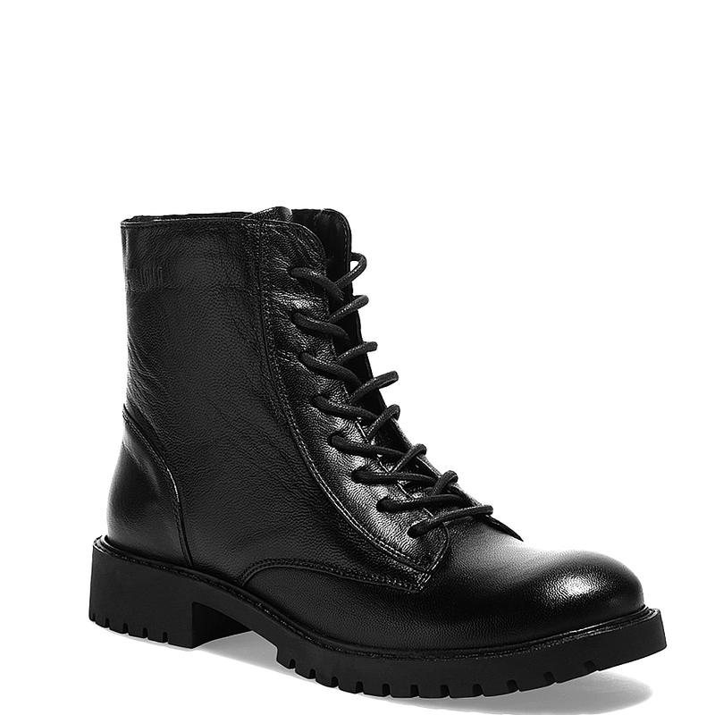 Bota Coturno Tratorada Couro Preto Cadarço