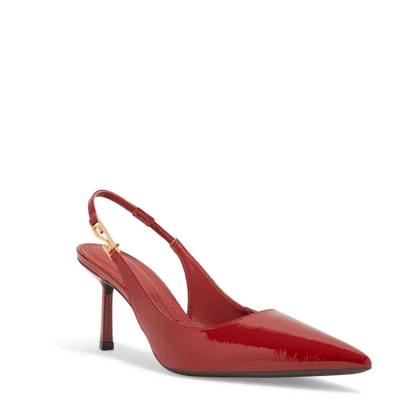 Scarpin Slingback Verniz Bico Fino Salto Médio Vermelho